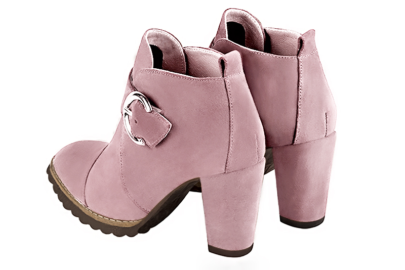 Light pink women's ankle boots with buckles at the front. Round toe. High block heels. Rear view - Florence KOOIJMAN